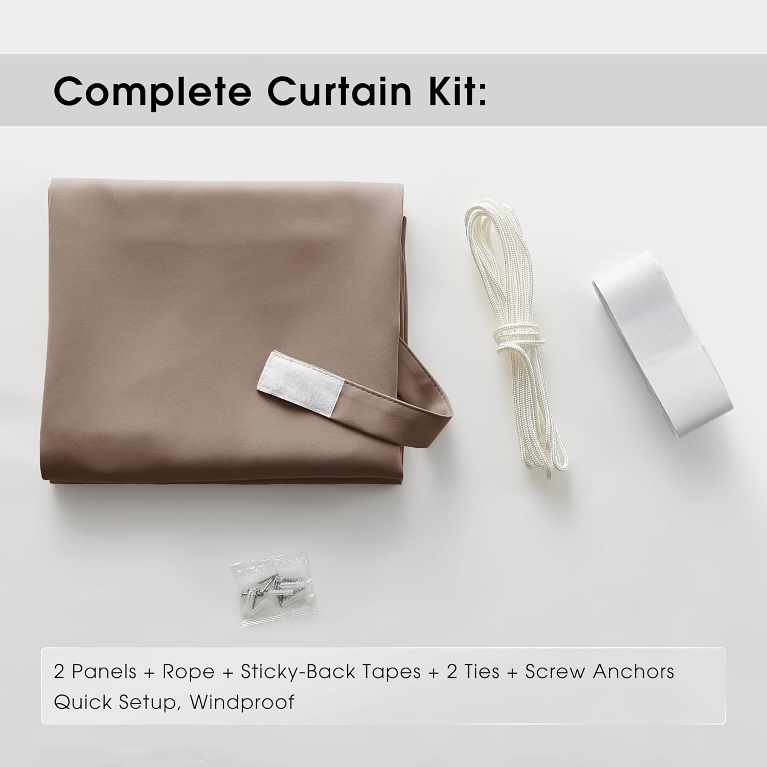 Complete taupe curtain kit with two folded panels, white rope, sticky-back tape, and screw anchors.