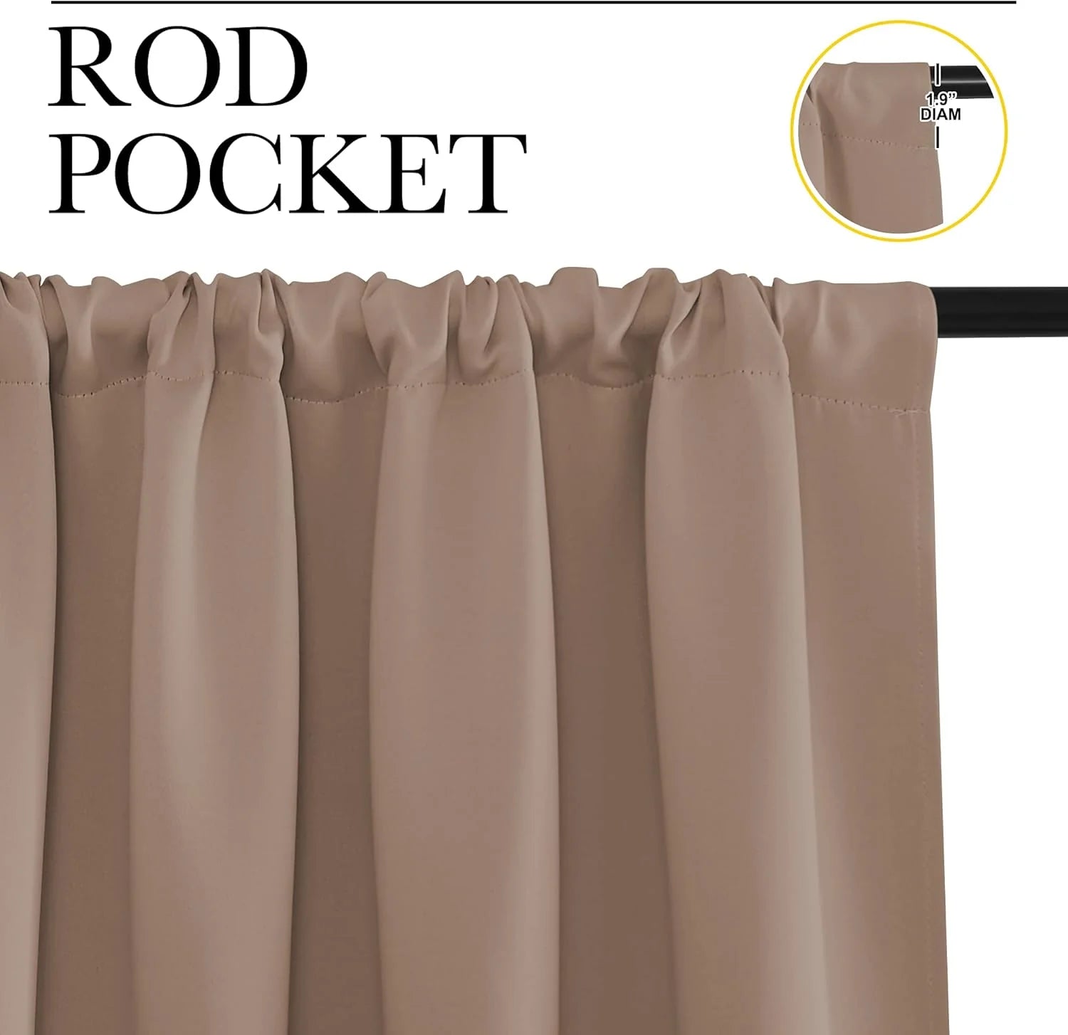 Close-up of light taupe curtain top showing a gathered rod pocket heading on a black rod.