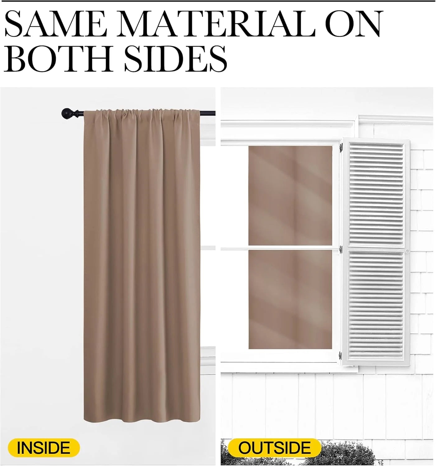 Taupe window curtain panel shown inside and outside with the same fabric on both sides