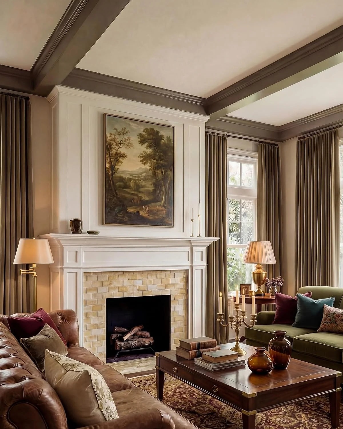 Traditional living room with taupe curtains, white fireplace, leather sofa and wood accents