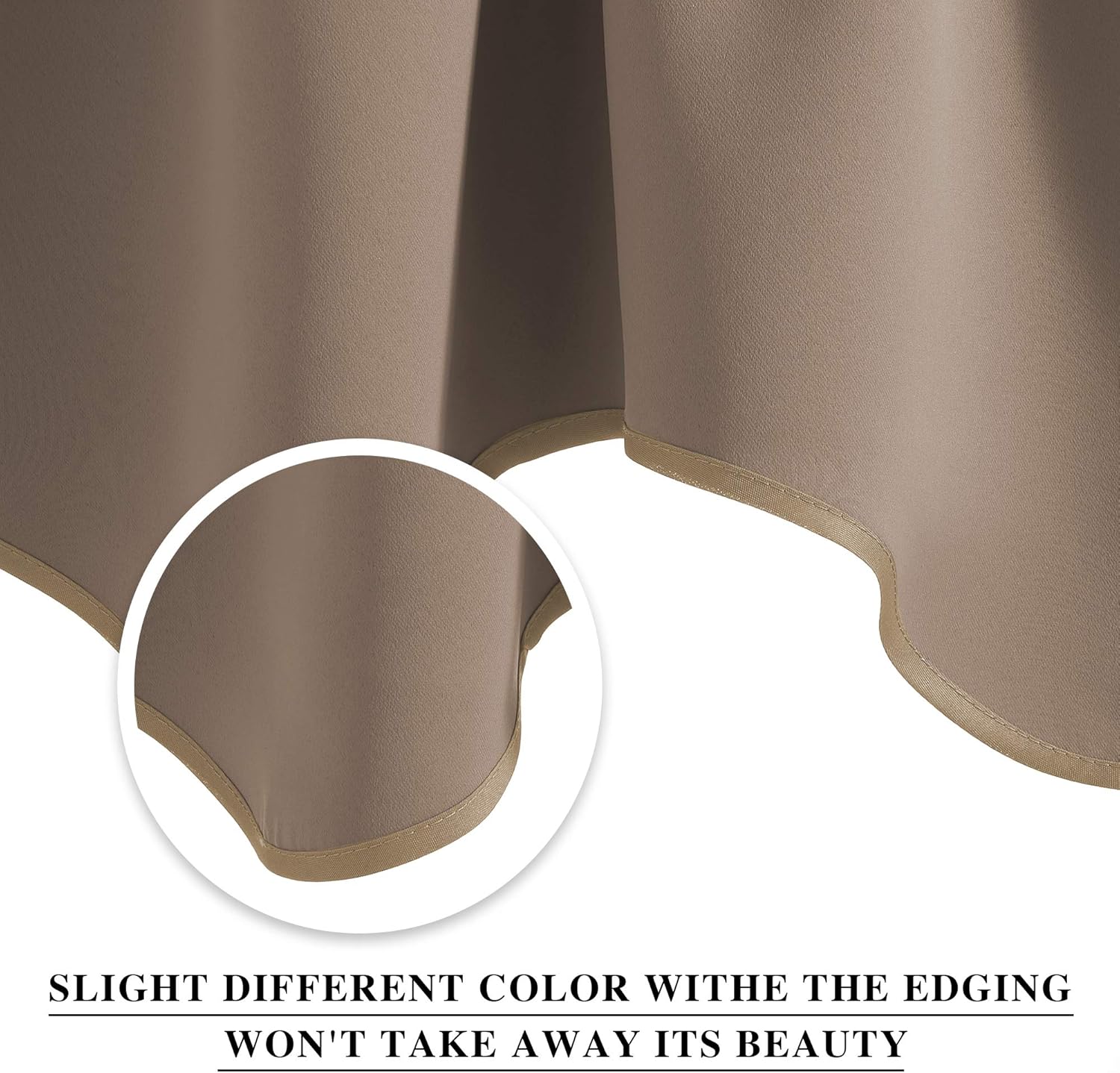 Smooth taupe fabric drape with subtle sheen and contrasting light beige trim along its curved edge.