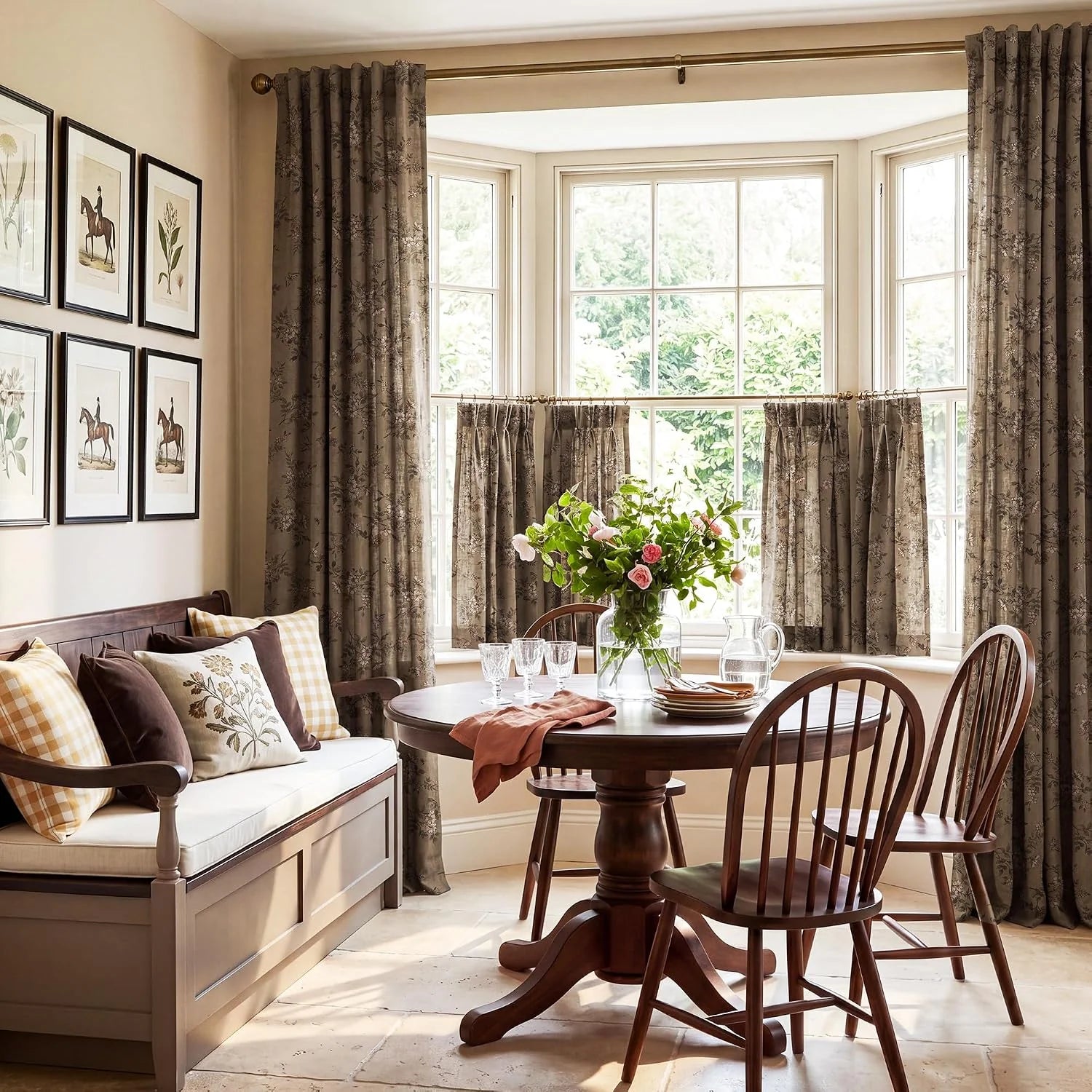 Taupe floral curtains framing a bright bay window in a traditional dining nook