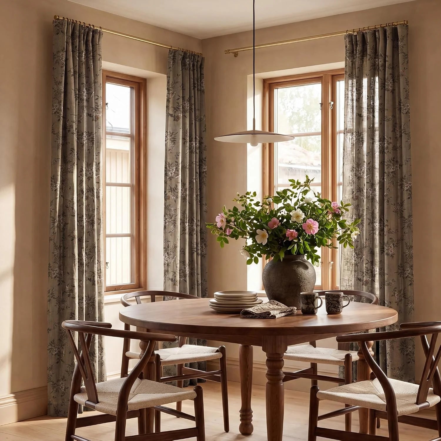 Taupe floral curtains framing wooden windows in a warm, rustic dining room