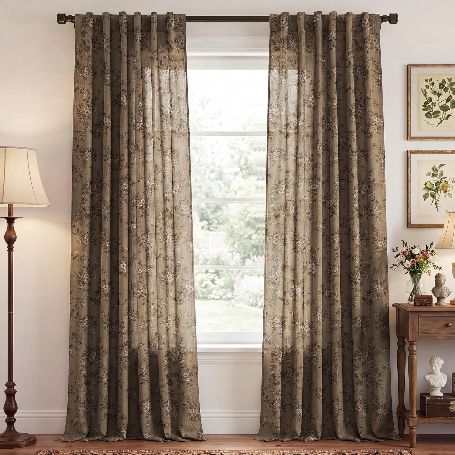 Taupe floral linen-look curtains on a dark rod in a traditional living room