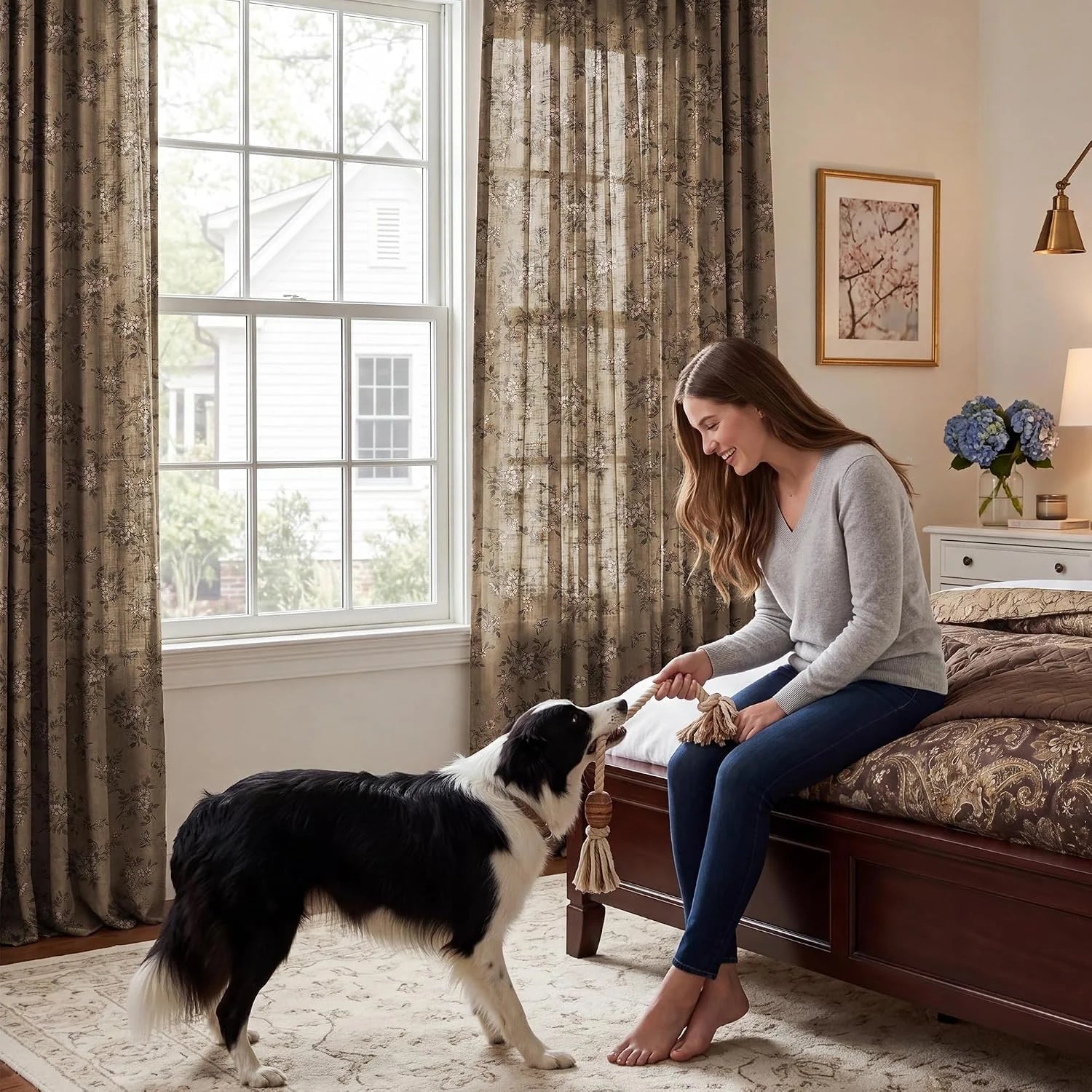 Taupe floral sheer curtains framing a bedroom window beside a wooden bed