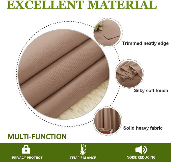 Solid taupe heavy curtain fabric with a silky soft touch and neatly trimmed edge.