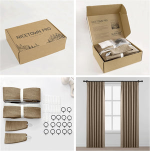 Taupe linen blend curtains set with rings and tie-backs. Displayed hanging on a window.