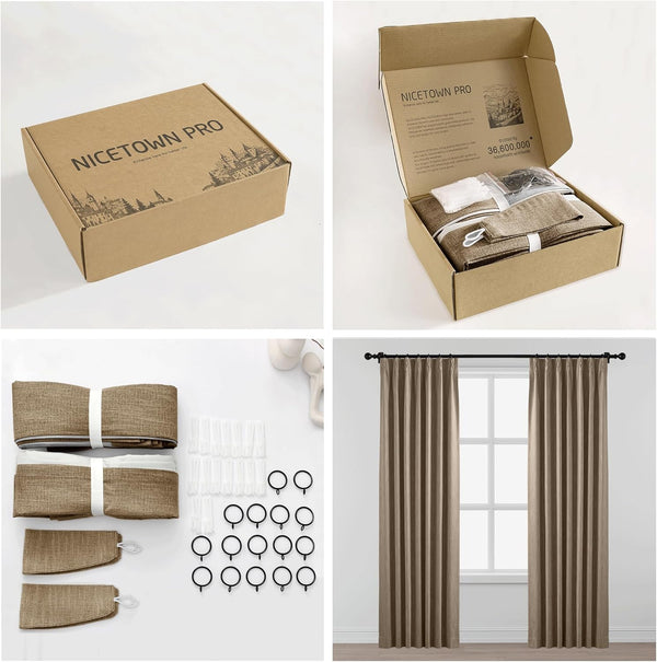 Taupe linen blend curtains set with rings and tie-backs. Displayed hanging on a window.