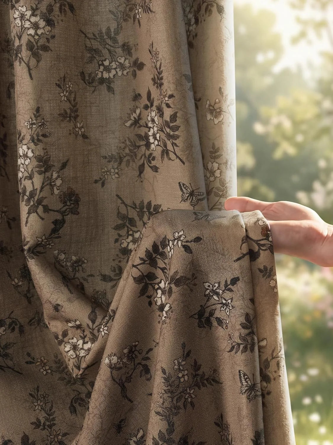 Taupe linen-look curtain with dark floral print and soft drape by a bright window