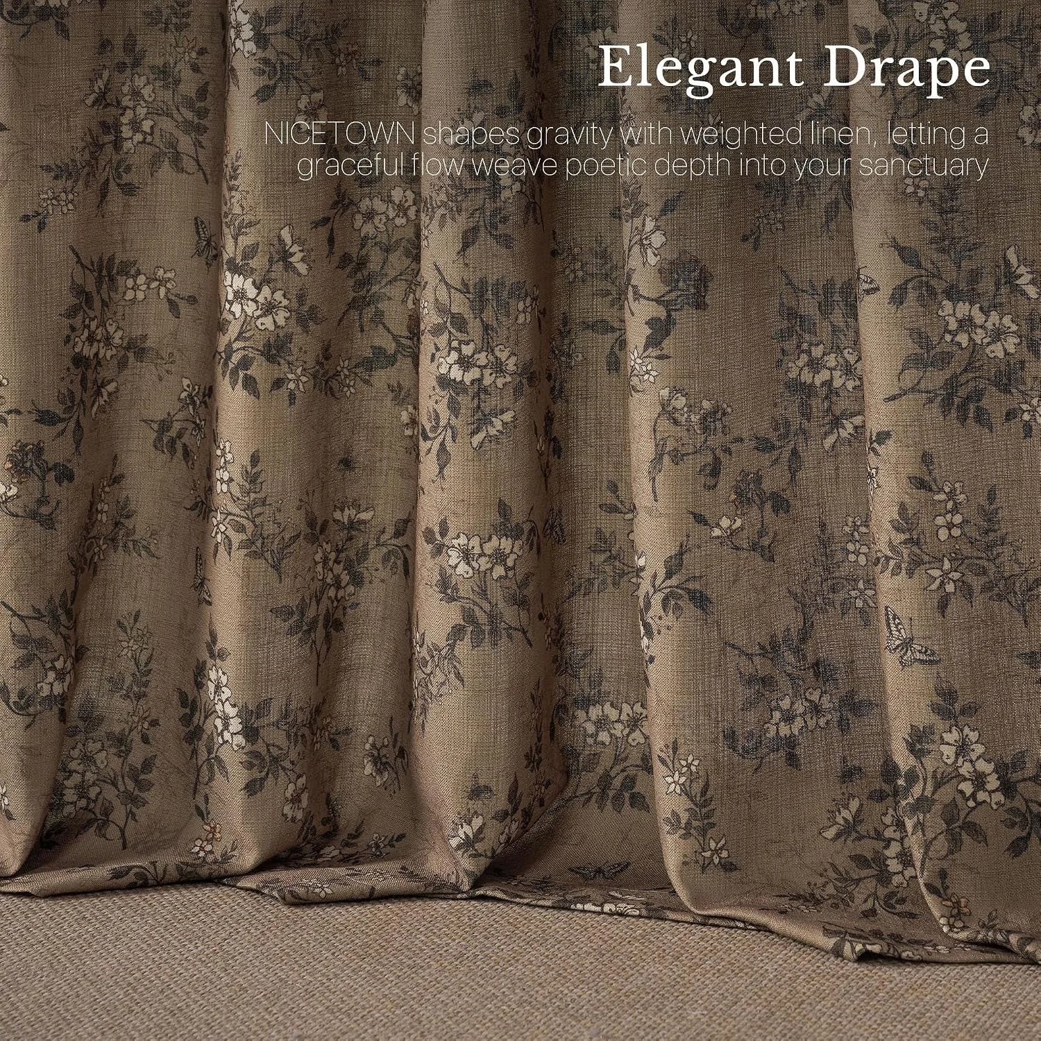 Taupe linen drapes with dark floral print and soft weighted folds