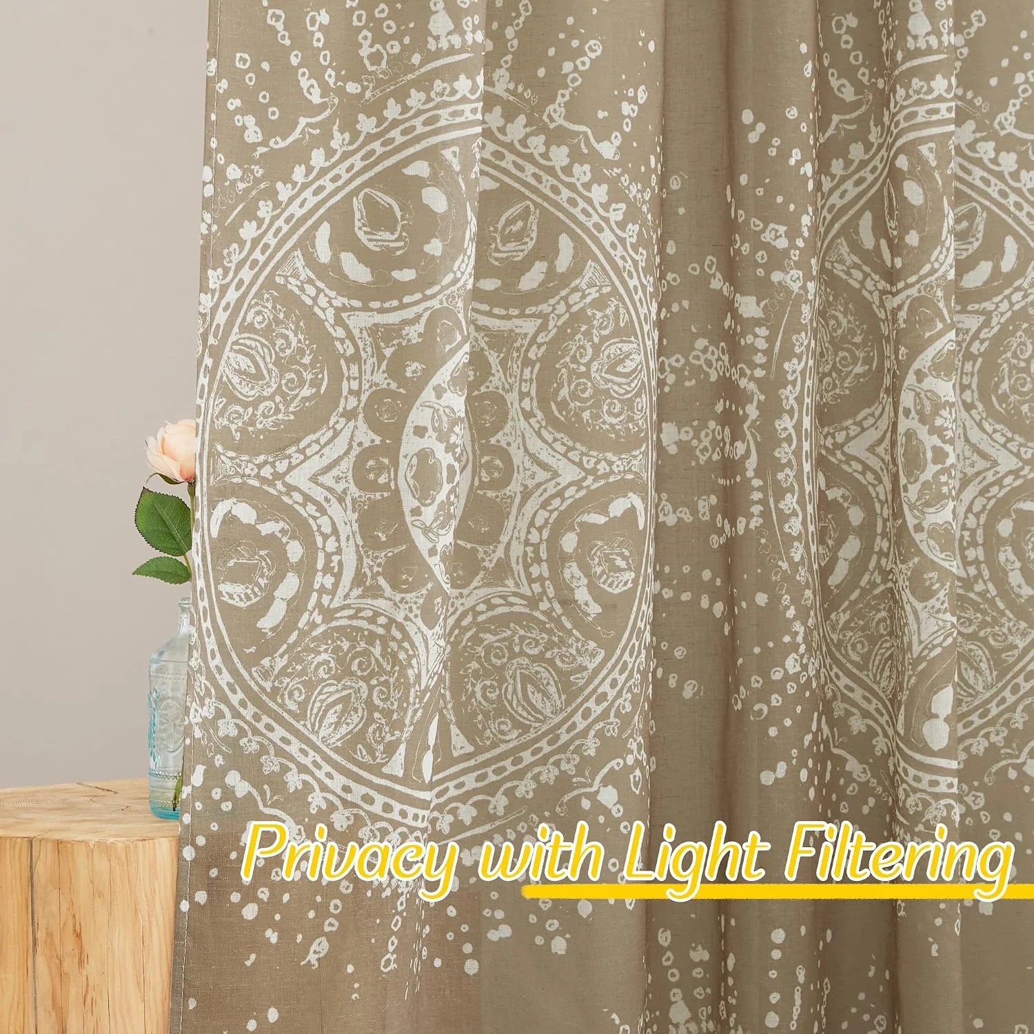 Taupe light-filtering curtain with white medallion print and soft linen texture