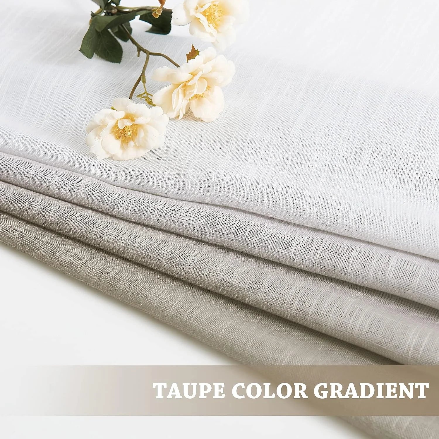 Folded taupe gradient linen sheer fabric with textured weave and cream flowers
