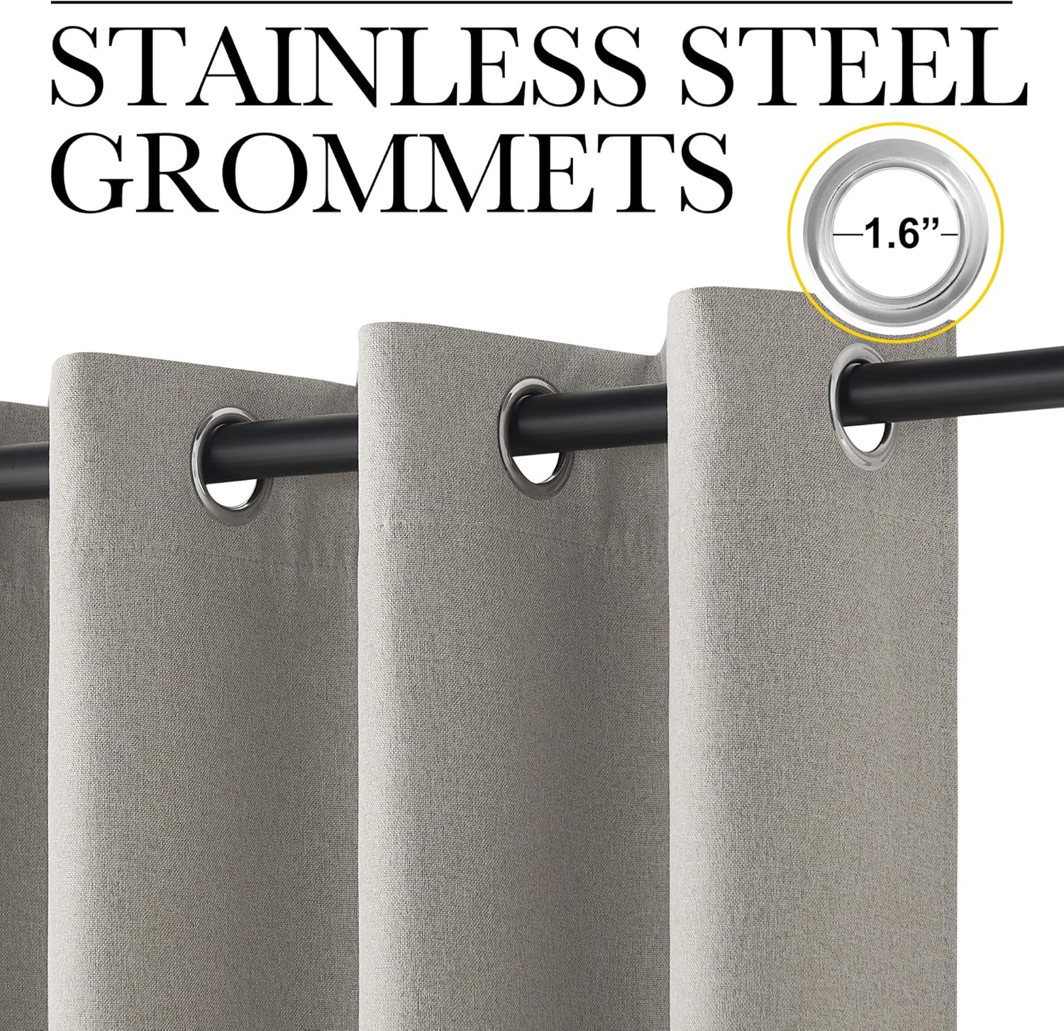 Taupe linen textured curtain panel with 1.6-inch stainless steel grommets on a black rod.