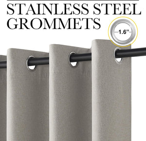 Taupe linen textured curtain panel with 1.6-inch stainless steel grommets on a black rod.