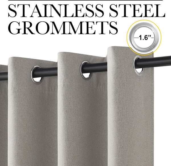 Taupe linen textured curtain panel with 1.6-inch stainless steel grommets on a black rod.