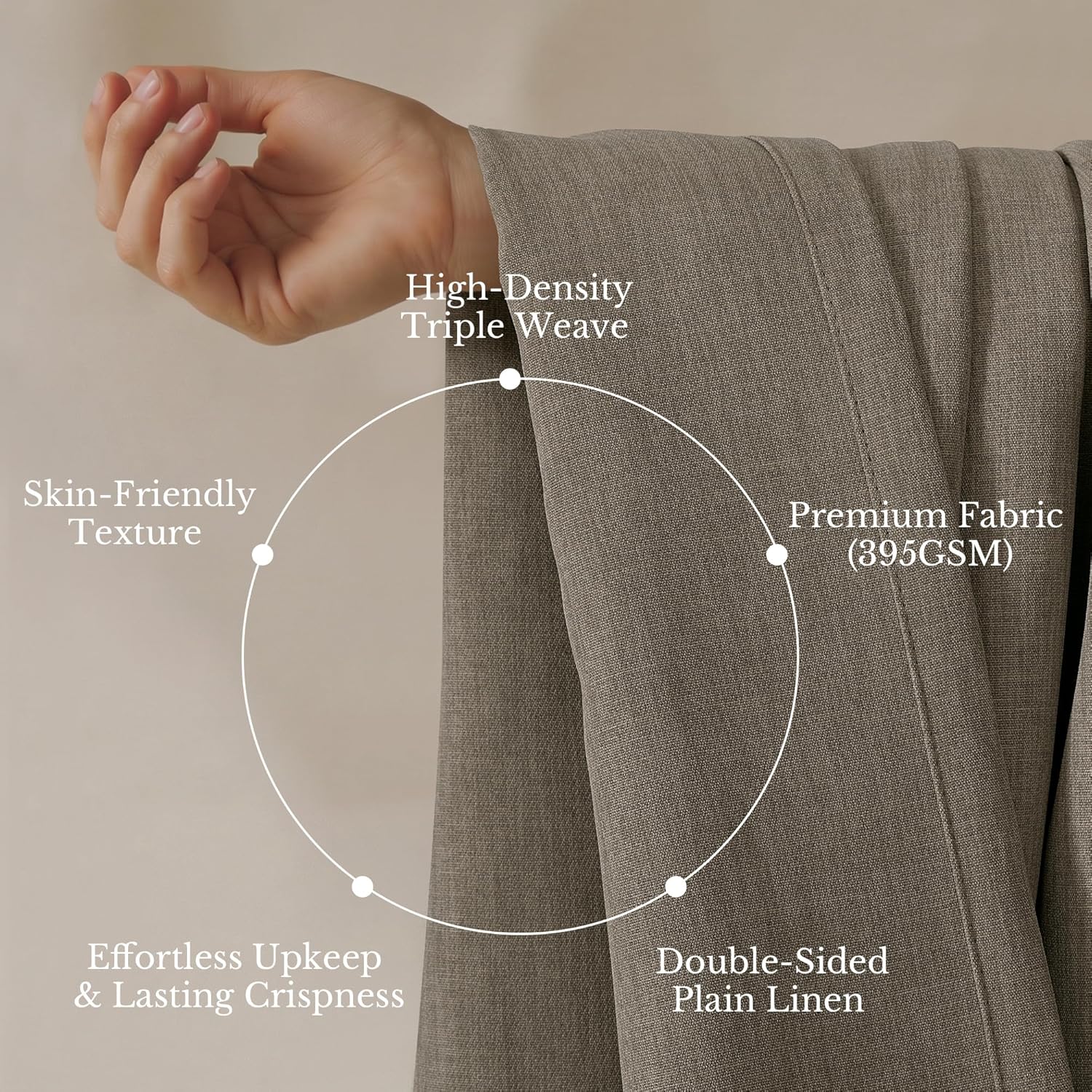 Close-up of a hand touching premium taupe linen fabric, highlighting its skin-friendly, high-density triple weave texture.