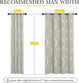 Taupe grommet top curtains with shimmering silver wavy pattern, showing two width options and 84 inch length.