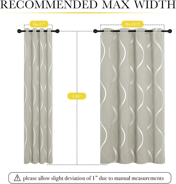 Taupe grommet top curtains with shimmering silver wavy pattern, showing two width options and 84 inch length.