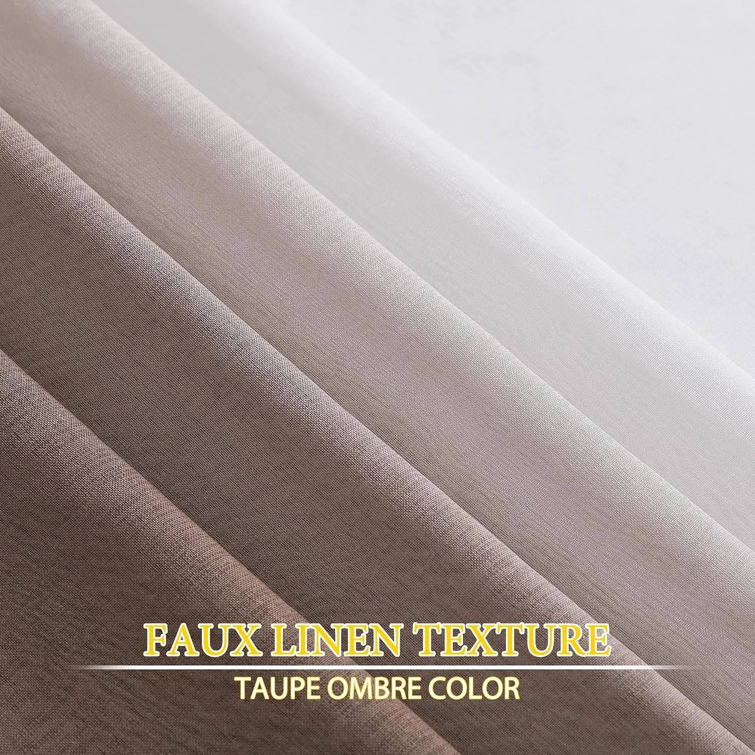 Taupe ombre faux linen curtain fabric shown in soft pleats with visible woven texture