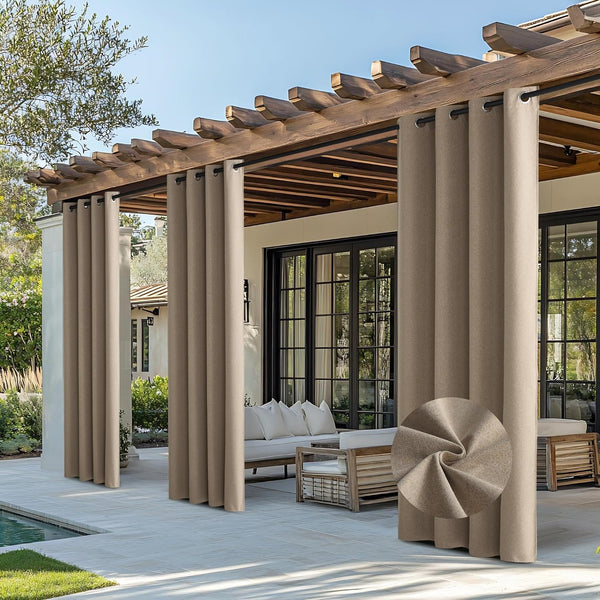 Taupe outdoor grommet curtains on a wooden pergola, offering patio shade. Close-up shows textured fabric.
