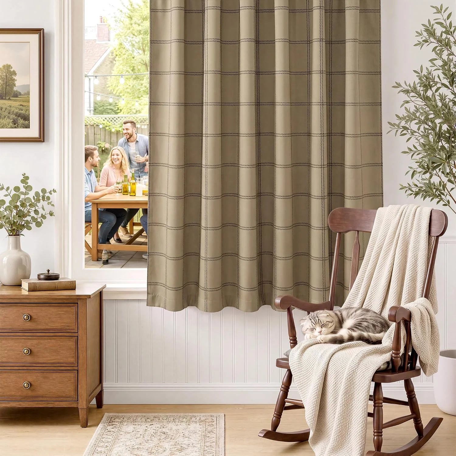 Taupe plaid curtain panel in a cozy living room with wooden rocking chair and cat