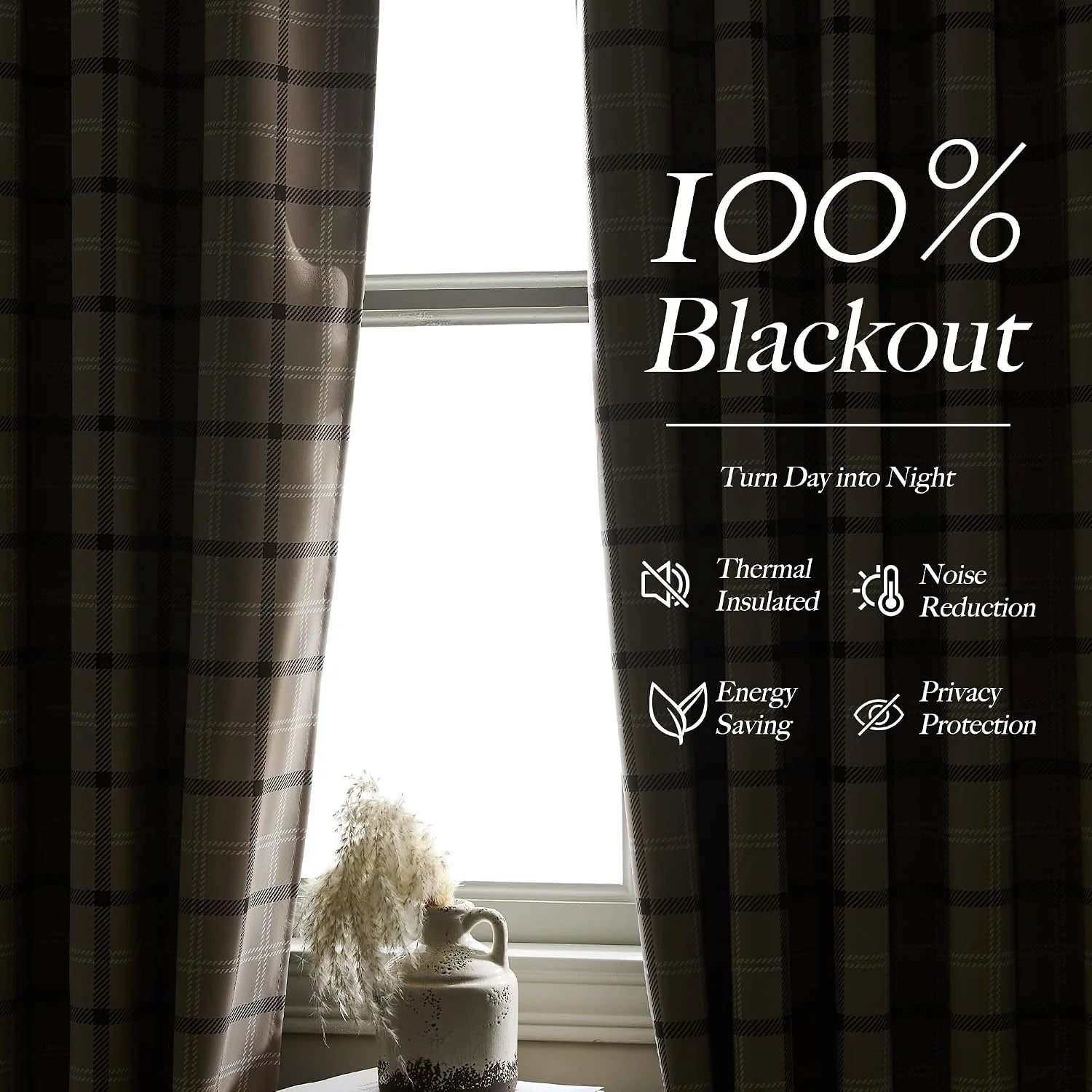 Taupe plaid blackout curtains framing a bright window with soft neutral decor
