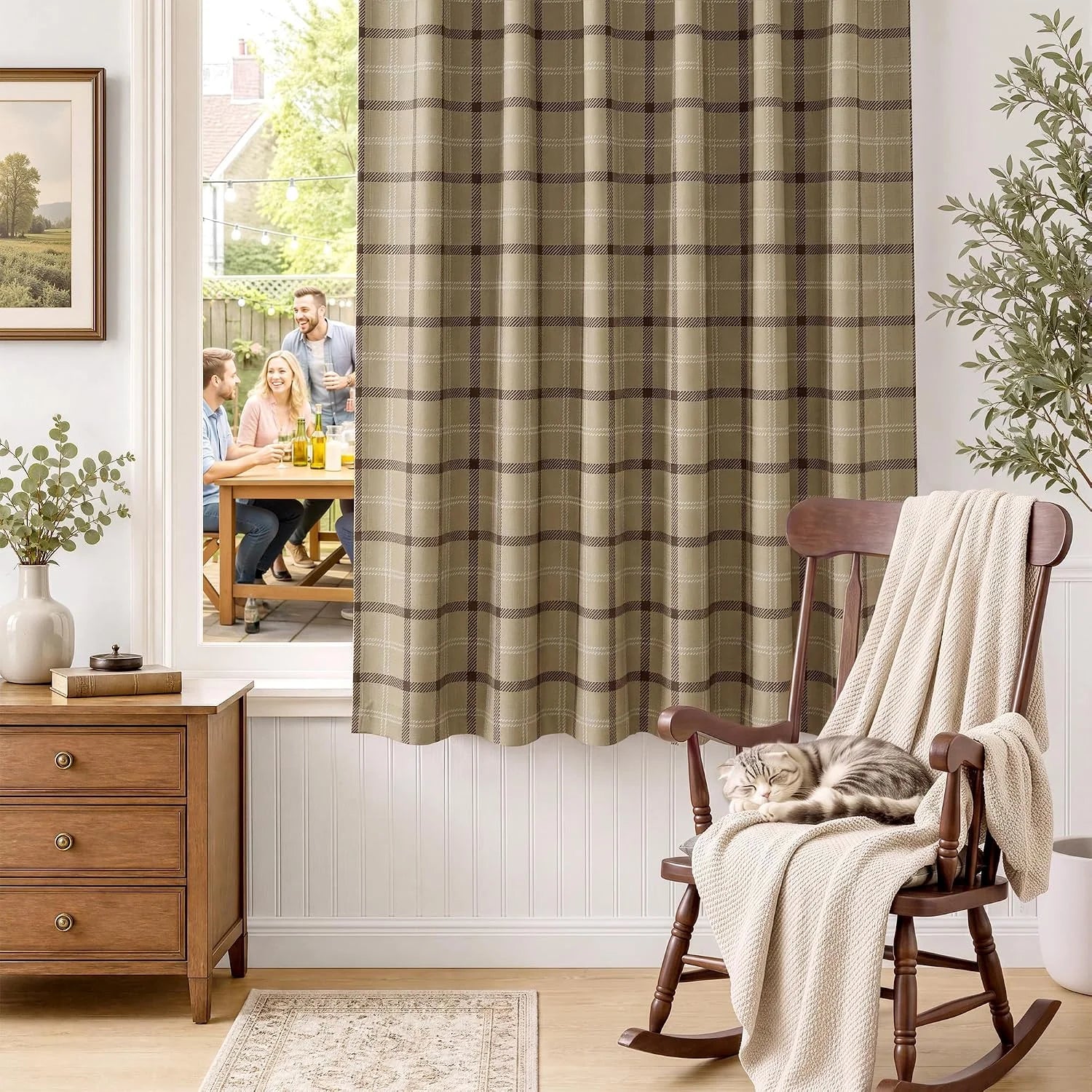 Taupe plaid window curtain in a cozy farmhouse room with wooden rocking chair