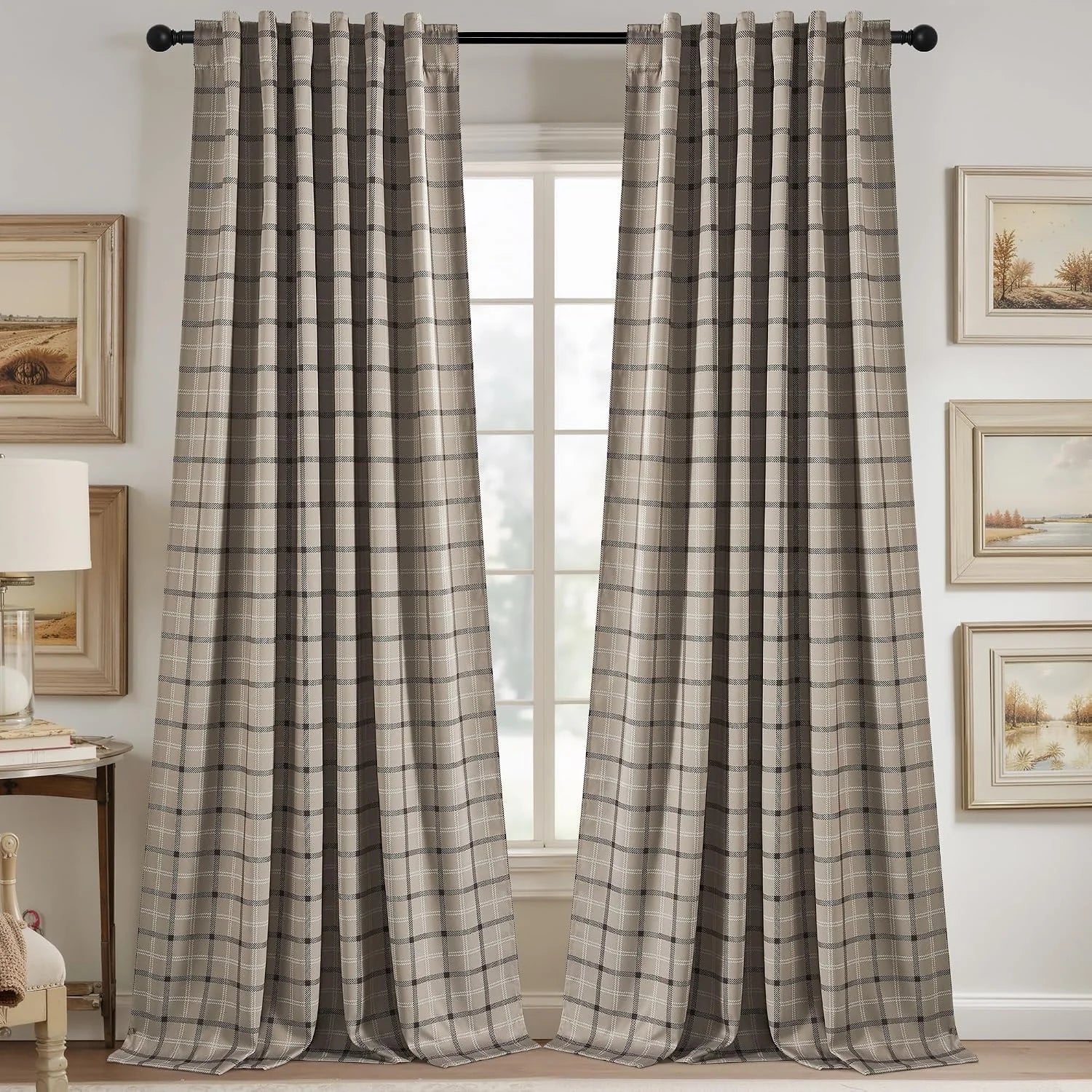 Taupe plaid curtain panels on a black rod in a warm farmhouse-style living room
