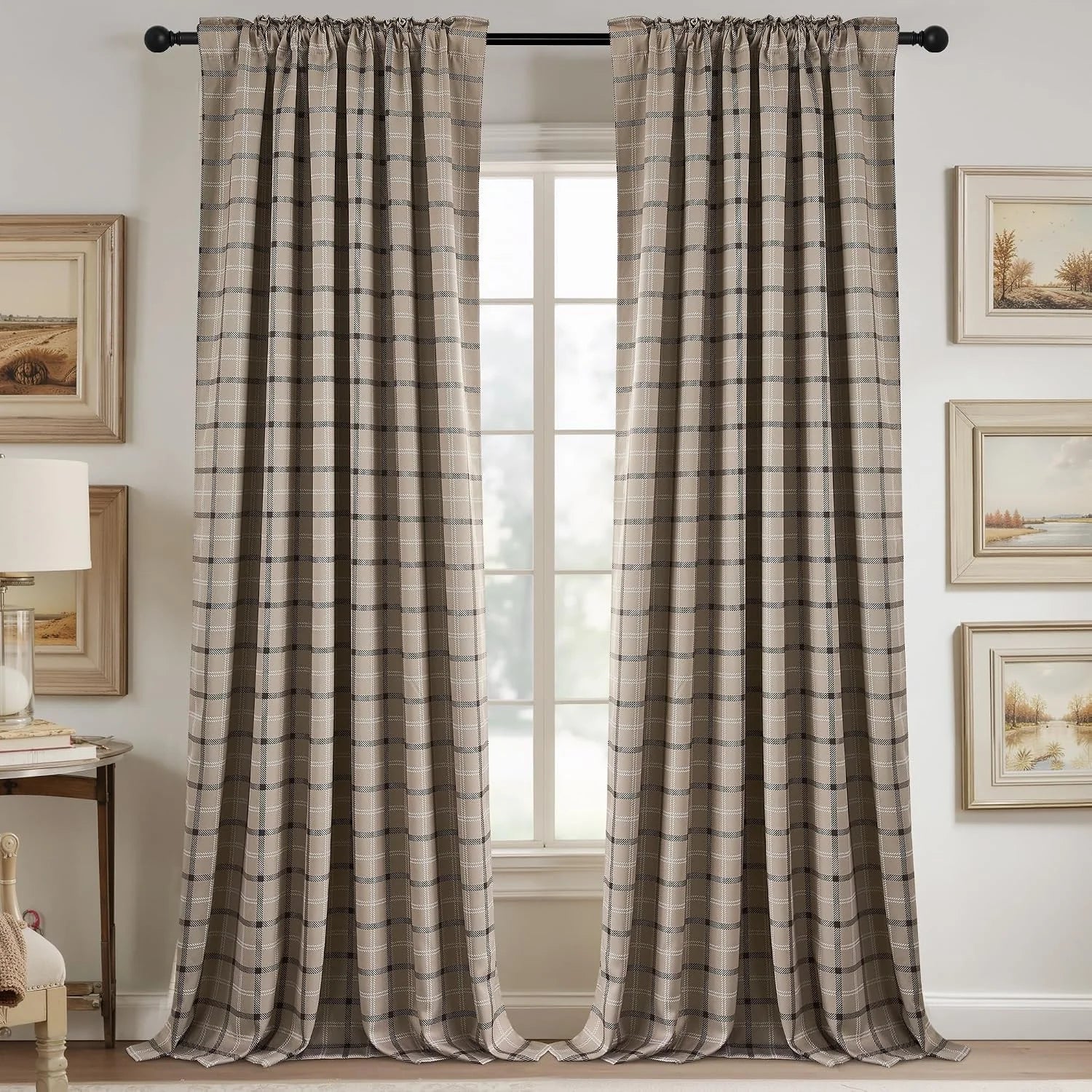 Taupe plaid rod pocket curtains hanging on a black curtain rod in a cozy room