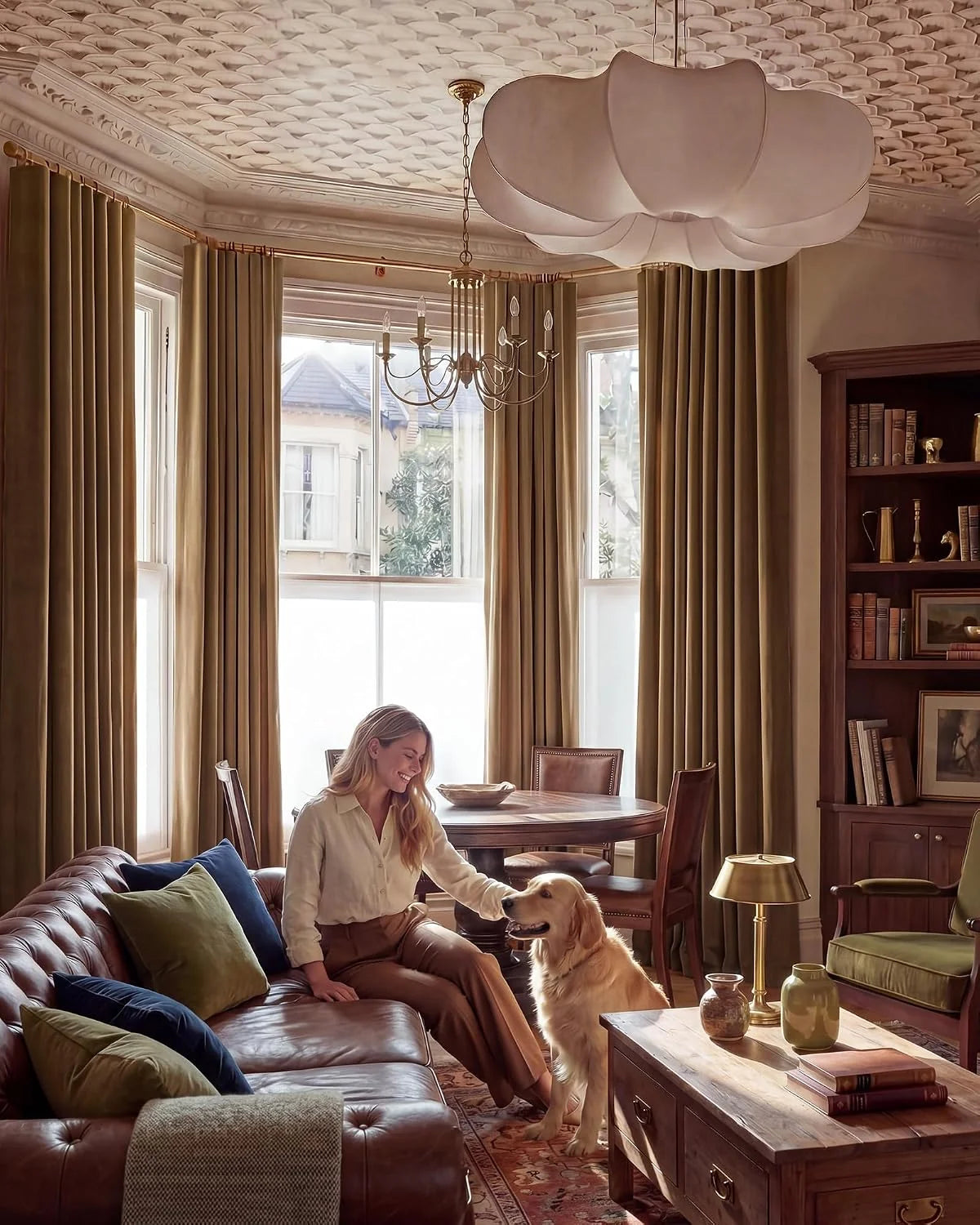 Taupe pleated curtains in a traditional living room with leather sofa, wood furniture, and dog