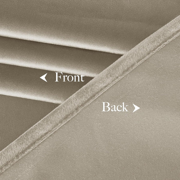 Detailed view of two-sided taupe fabric with soft, plush front and distinct woven back material.