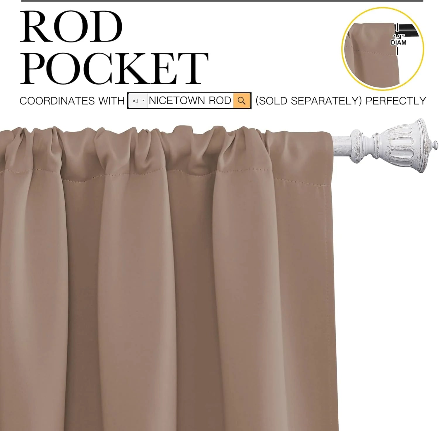 Taupe rod pocket curtain panel hanging on a white decorative curtain rod