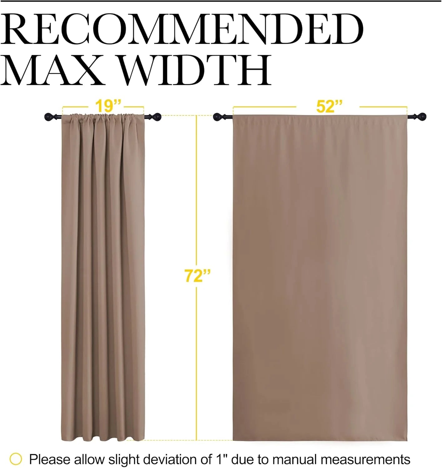 Taupe rod pocket curtain panel size guide showing 19 to 52 inch width and 72 inch length