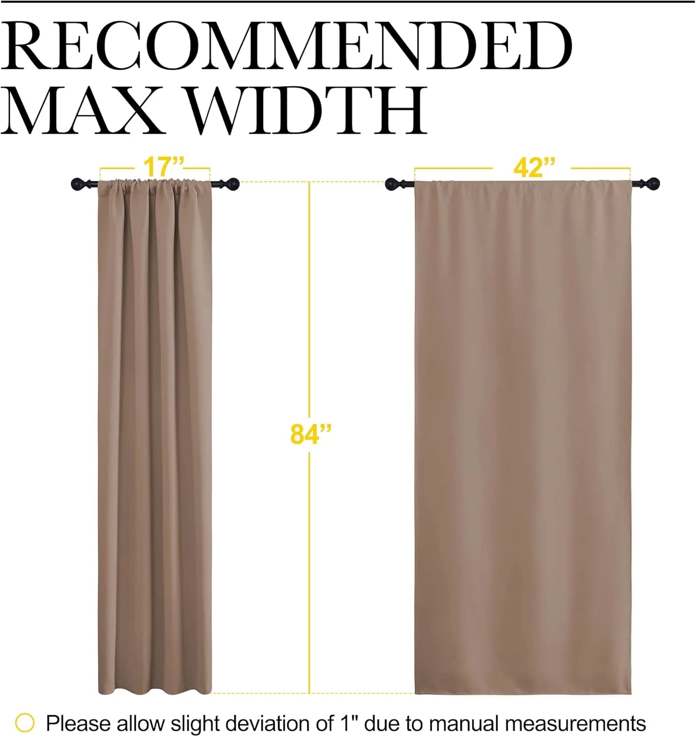 Taupe rod pocket curtain panel showing recommended max width and 84 inch length
