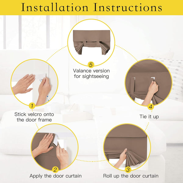 Taupe roll-up door curtain installation guide showing velcro attachment, rolling up, and tie-back valance style.