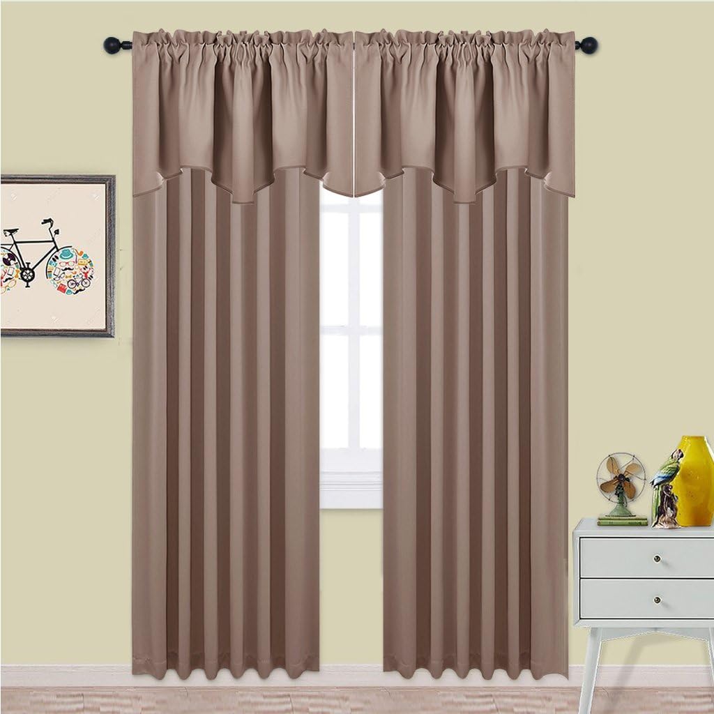 Pair of solid taupe window curtains with ruffled rod pocket top and attached valance.