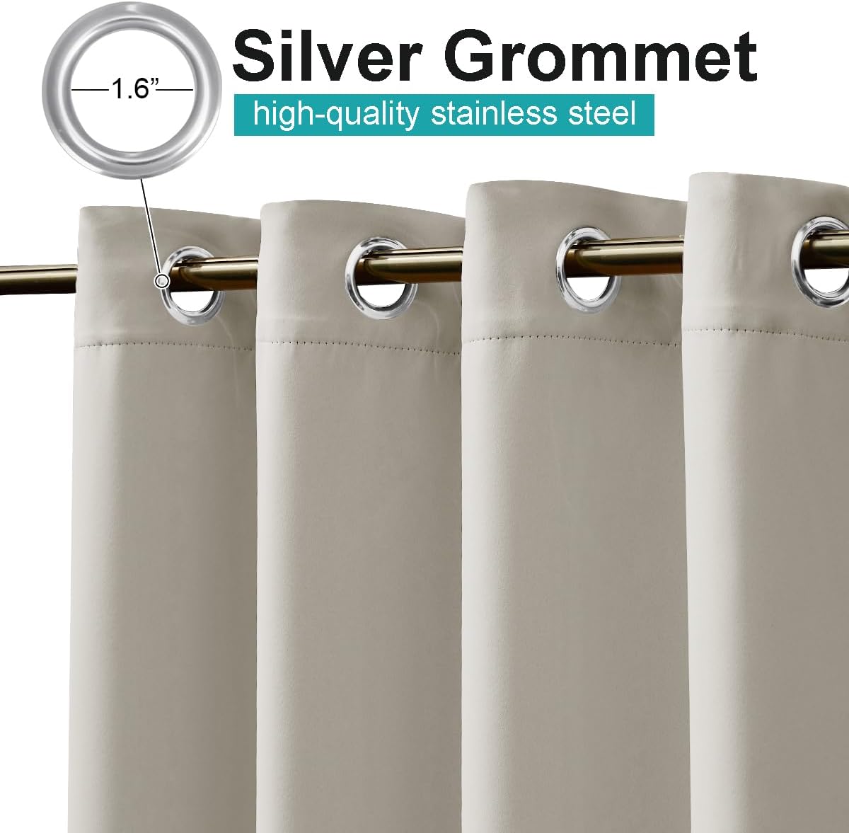 Close-up of taupe solid curtains with silver 1.6-inch stainless steel grommets on a gold rod.