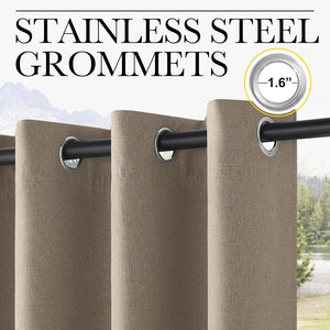 Taupe linen-texture blackout curtain panel with 1.6 inch stainless steel grommets on a black rod.
