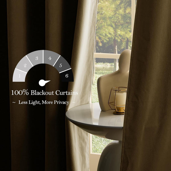 Taupe 100% blackout curtains illustrating extreme light reduction by a window, ensuring privacy.