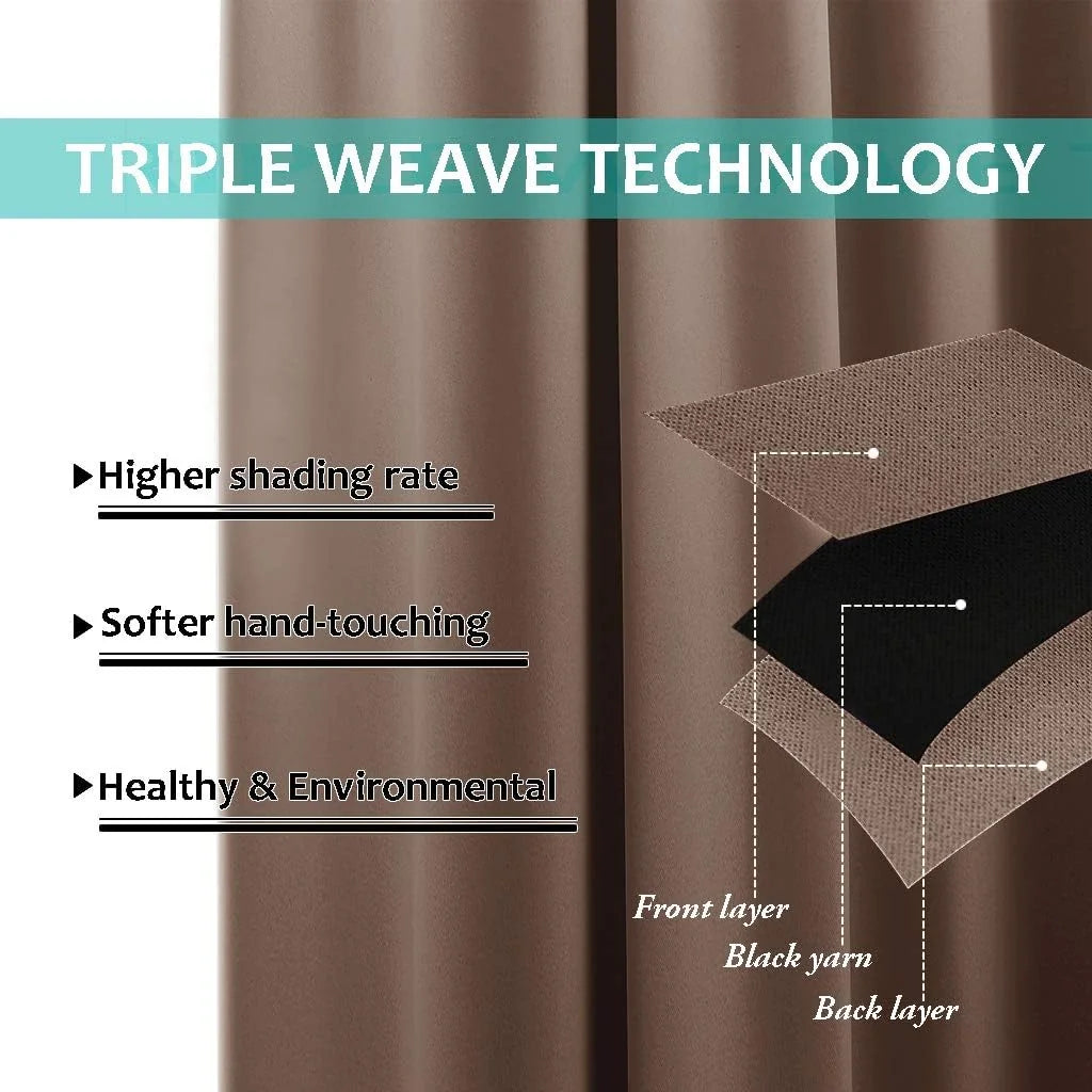Taupe blackout curtain panel with triple weave fabric layers and shading features graphic