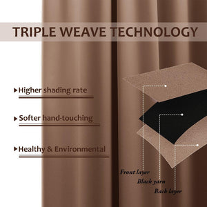 Detailed diagram of taupe triple weave blackout curtain fabric, showing front, black yarn, and back layers.