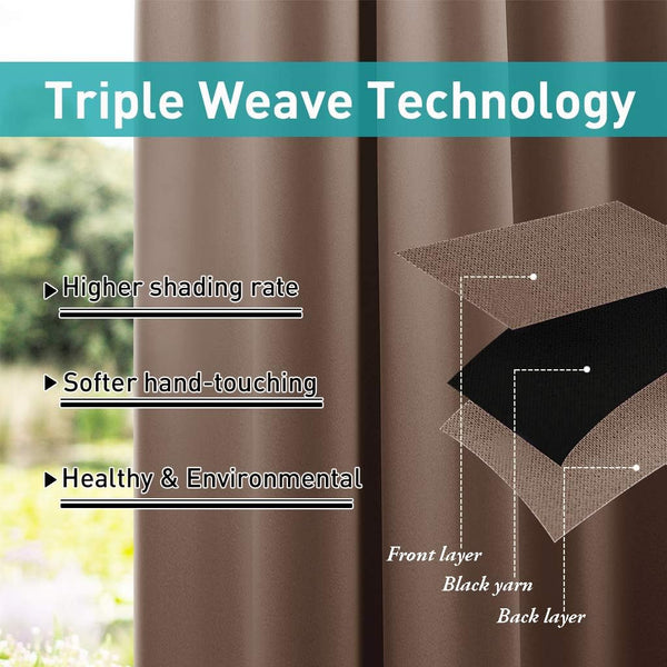 Taupe triple weave blackout curtain demonstrating its layered fabric structure with front, black yarn, and back layers.