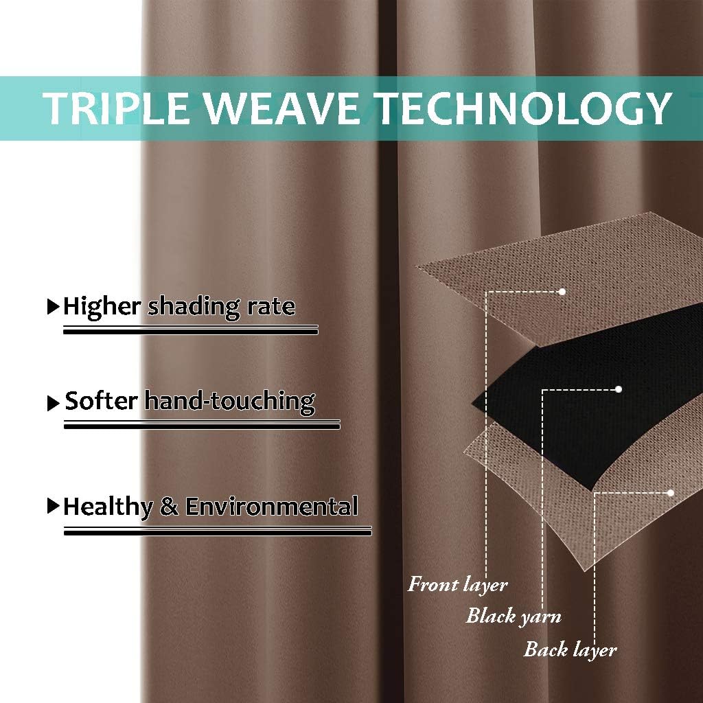 Taupe triple weave blackout curtain showcasing its three layers: front, black yarn, and back, for higher shading and softness.