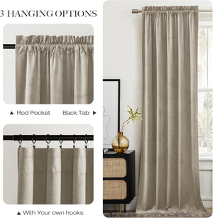 Elegant taupe velvet drapery panel demonstrating rod pocket, back tab, and clip ring hanging options.