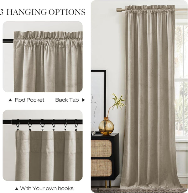 Elegant taupe velvet drapery panel demonstrating rod pocket, back tab, and clip ring hanging options.