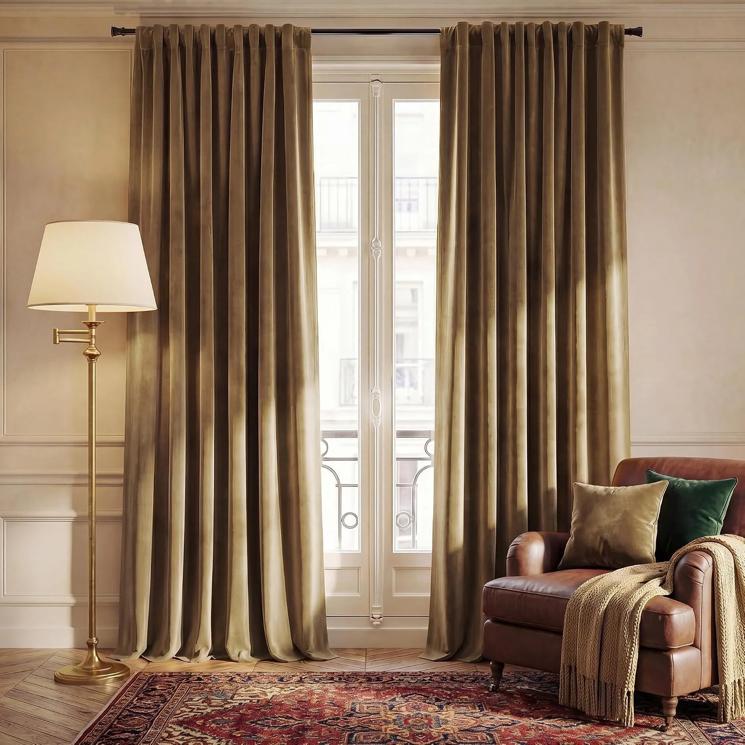 Taupe velvet pleated curtains framing a tall window in a warm classic living room