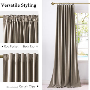 Taupe velvet curtain panel with versatile rod pocket and back tab hanging styles, shown by a window.