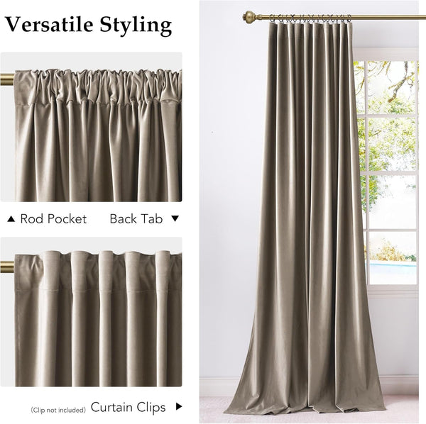 Taupe velvet curtain panel with versatile rod pocket and back tab hanging styles, shown by a window.