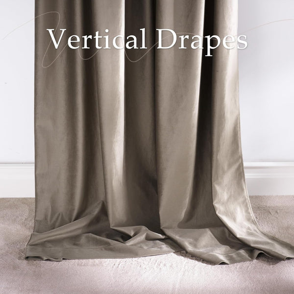 Luxurious taupe velvet vertical drapes cascading onto a light-colored carpet.