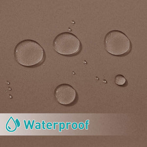 Close-up of water beading on a taupe waterproof fabric surface, highlighting its water-resistant quality.